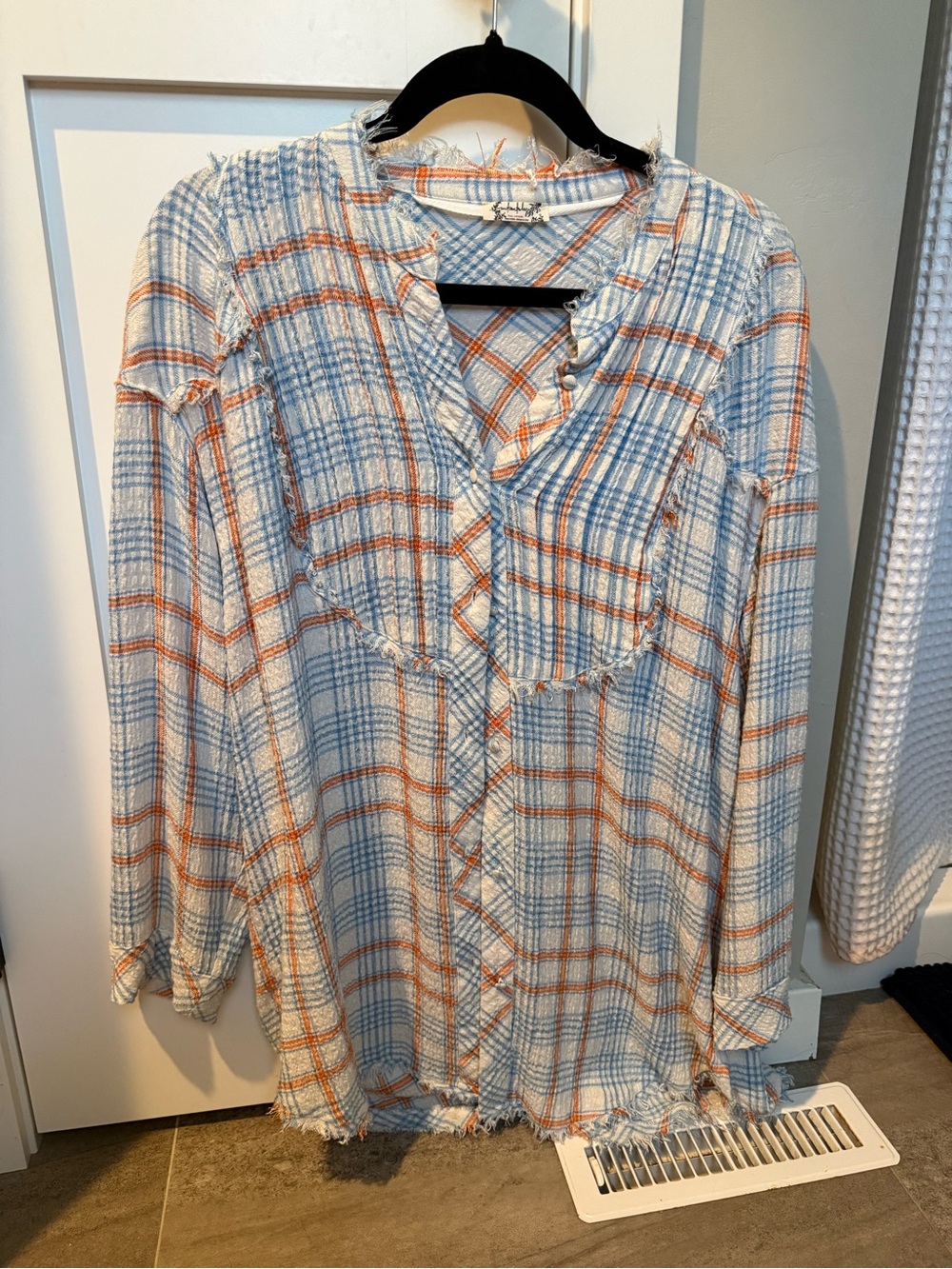 Free People Plaid Button-Front Top in Light Blue and Orange